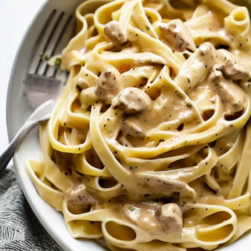 Image similar to a creamy fettuccine pasta with banana sauce, food photography