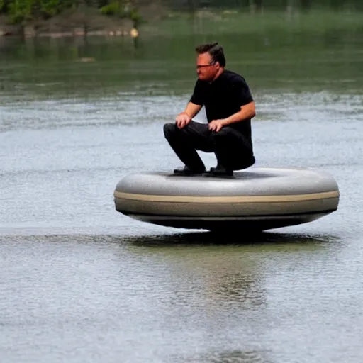 Image similar to man riding a levitating hovercraft