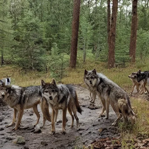 Prompt: a pack of wolves in the distance of a forest on the other side of a creek