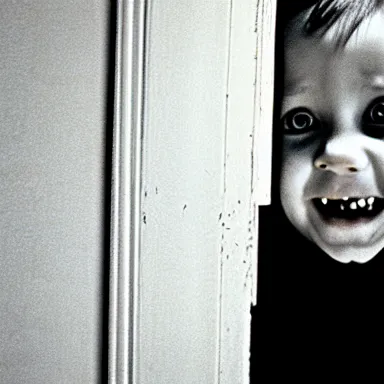 Prompt: a little kid looking through a vertical crack on a white wooden door while grinning maniacally, a film still from the 1 9 8 0 movie the shining, 8 k, grainy, portrait, extremely detailed, close - up, arriflex 3 5 bl