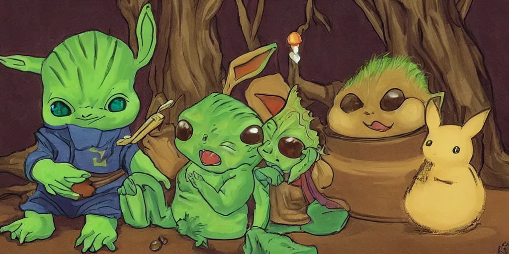 Image similar to Groot and baby Yoda eating an ice cream while watching Pikachu dance, very detailed picture, very detailed and beautiful lighting