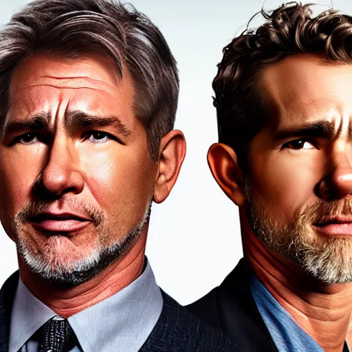 Prompt: the face of a succesful man who looks like a mix of Harrison Ford, Tom Hanks, Tom Cruise and Ryan Reynolds. highly detailed uncropped full-color epic corporate portrait photograph. best corporate photoraphy photo winner, meticulous detail, hyperrealistic, centered uncropped symmetrical beautiful masculine facial features, atmospheric, photorealistic texture, canon 5D mark III photo, professional studio lighting, aesthetic, very inspirational, motivational