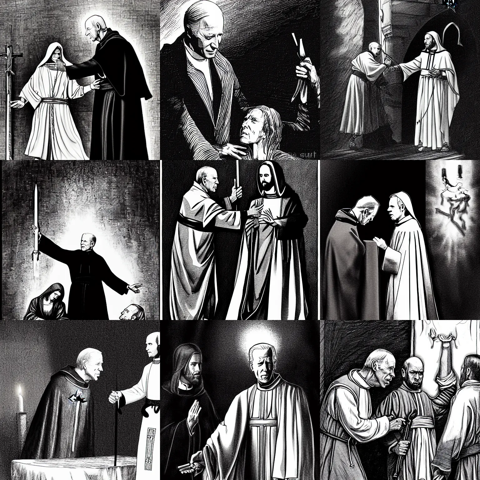 Prompt: pen and ink portrait of a joe biden as a catholic priest about to stab a woman who is bound to a bloody altar, impressive scene. grainy and rough. black and white colour scheme. beautiful artistic detailed digital art