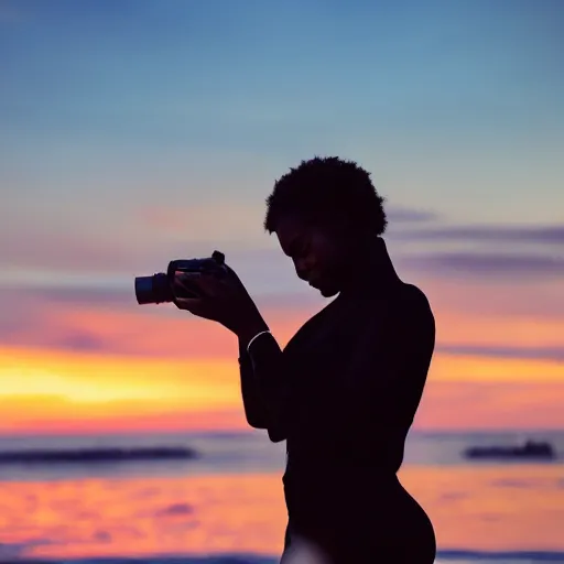 Image similar to a lightskin black woman photographer, taking photos at the beach, during sunset, with a bottle of liquor in her left hand, as a painting