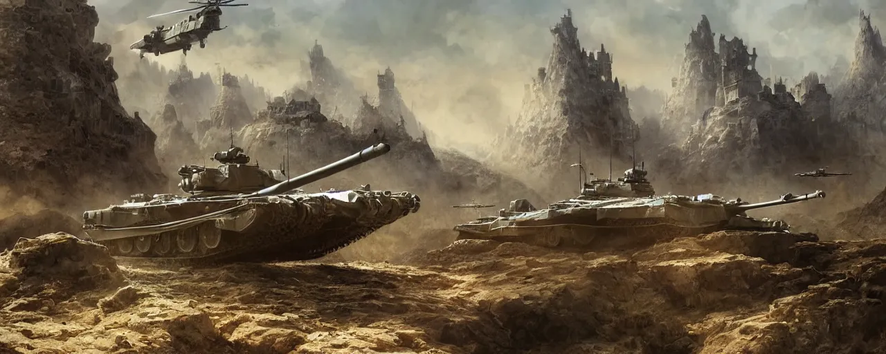 Image similar to main battle tank and helicopter at war, in the ancient abandoned city epic scene, at middle earth, volumetric lighting, futuristic, intricate, highly detailed, digital painting, artstation, concept art, cinematic, smooth, sharp focus, illustration, unreal engine 5, 8 k, art by artgerm and greg rutkowski and alphonse mucha
