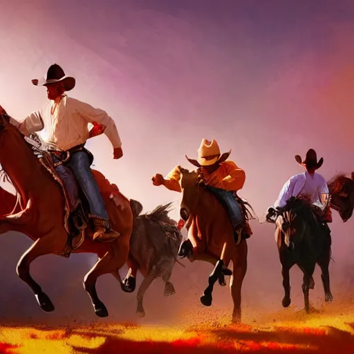 Prompt: cowboys chasing cattle, colorful, dramatic lighting, detailed, intricate, elegant, highly detailed, digital painting, artstation, concept art, smooth, sharp focus, illustration