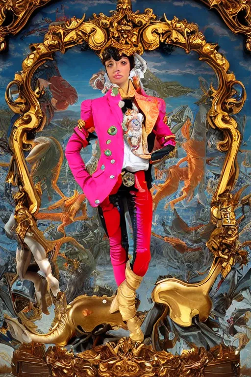 Image similar to full-body rococo and cyberpunk style sculpture of a young handsome Spanish prince half android with a chest exposing a glowing orange gem wearing high heel red boots, glowing pink laser eyes, crown of blue gears and giant diamonds, swirling salmon-colored silk fabric, robotic raptors dinosaurs. baroque elements. full-length view. intricate artwork by caravaggio. Trending on artstation, octane render, cinematic lighting from the right, hyper realism, octane render, 8k, depth of field, 3D