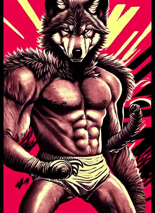 Image similar to extreme long shot. 8 bit nes graphics. antropomorphic muscular masculine wolf. kickboxer fighter, in shorts. wolf head. angry. fine details, very sharp, art from nes game cartridge, 8 0's, vhs artefacts, vaporwave style, marc simonetti and hermann nitsch and anish kapoor.