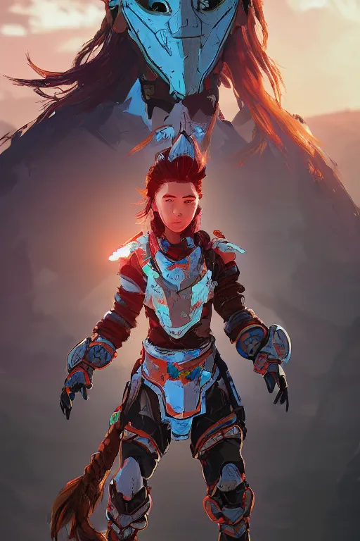 Image similar to combination suit armor aloy horizon forbidden west horizon zero dawn radiating a glowing aura global illumination ray tracing hdr fanart arstation by ian pesty and alena aenami artworks in 4 k tribal robot ninja mask helmet backpack