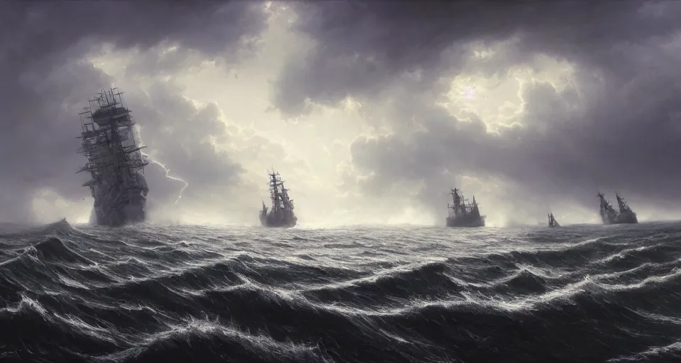 Prompt: giant enormous sailing battleship, raging sea foggy, dramatic, action scene, stormy background, shipfleet on the horizon, high detail, greg rutkowski, james gurney, gene wolfe, gustave dore, jesper ejsing, rhads, makoto shinkai, ilya kuvshinov