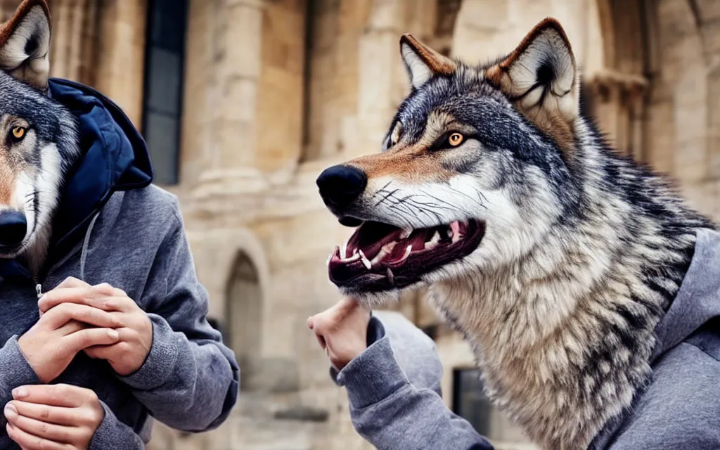 Image similar to wolf dressed in hoody staying in church and prays