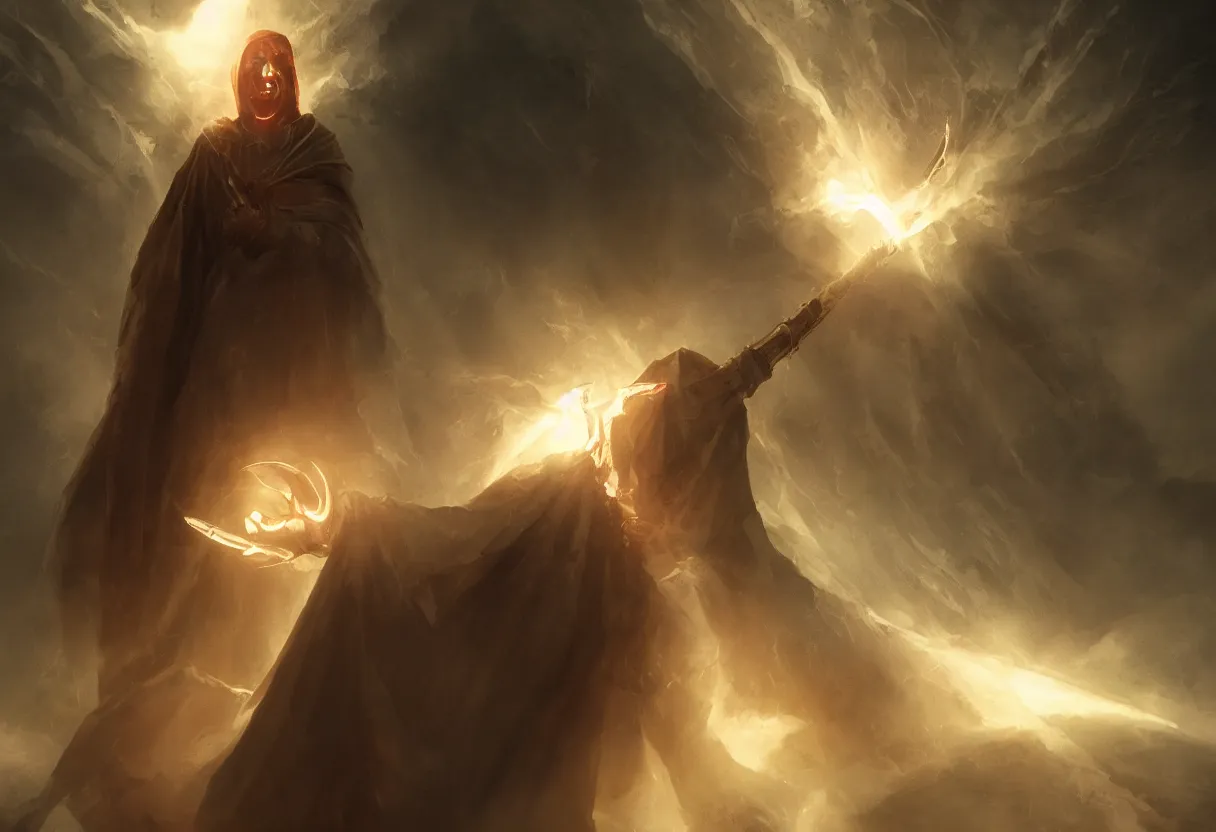 Image similar to the god of death in a cloak stood under a beam of light with a sickle, 4 k, detail, light effect, artstation