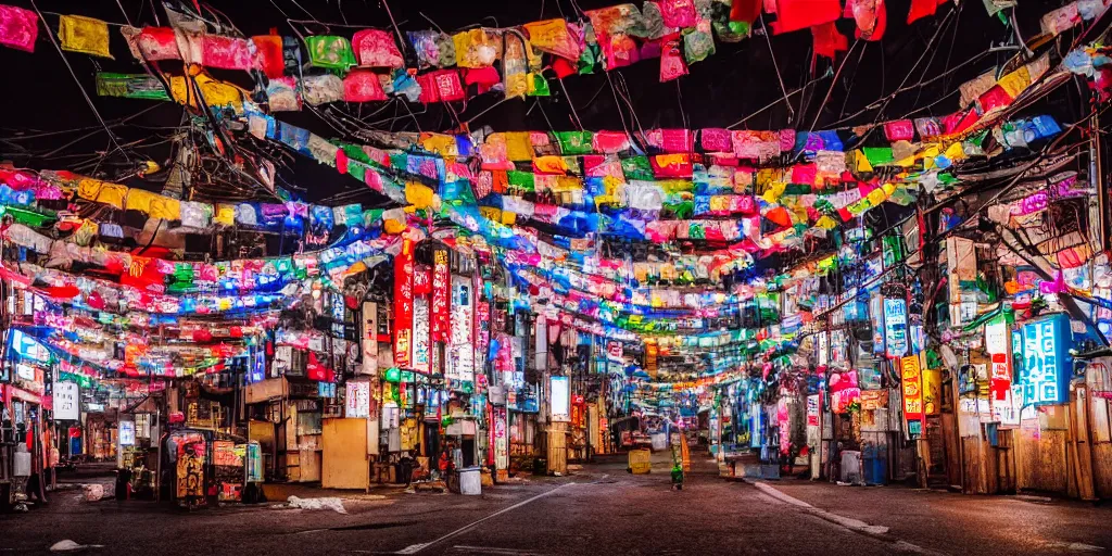 Prompt: a Japanese cyberpunk shrine, snowing, photograph,, sharp focus, intricate detail, high resolution, 8k, neon streetlights, wires hanging down everywhere, Japan, colourful, prayer flags