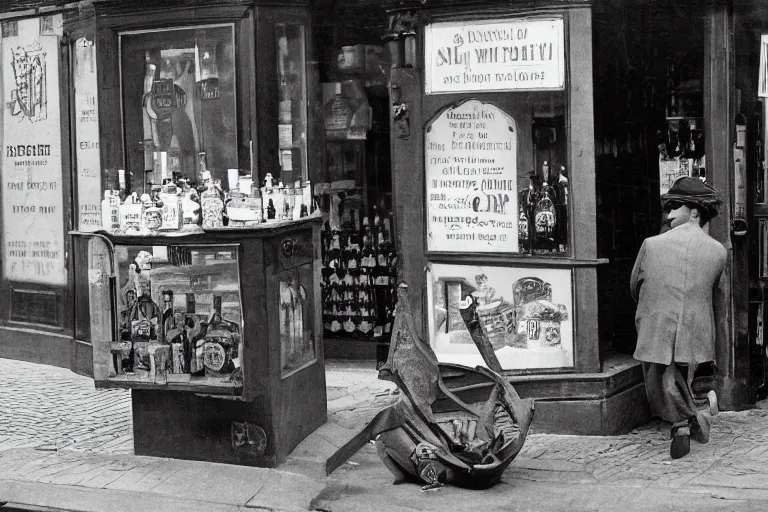 Image similar to peter dinklage robbing a liqour store, in the style of eugene atget and peter witkin