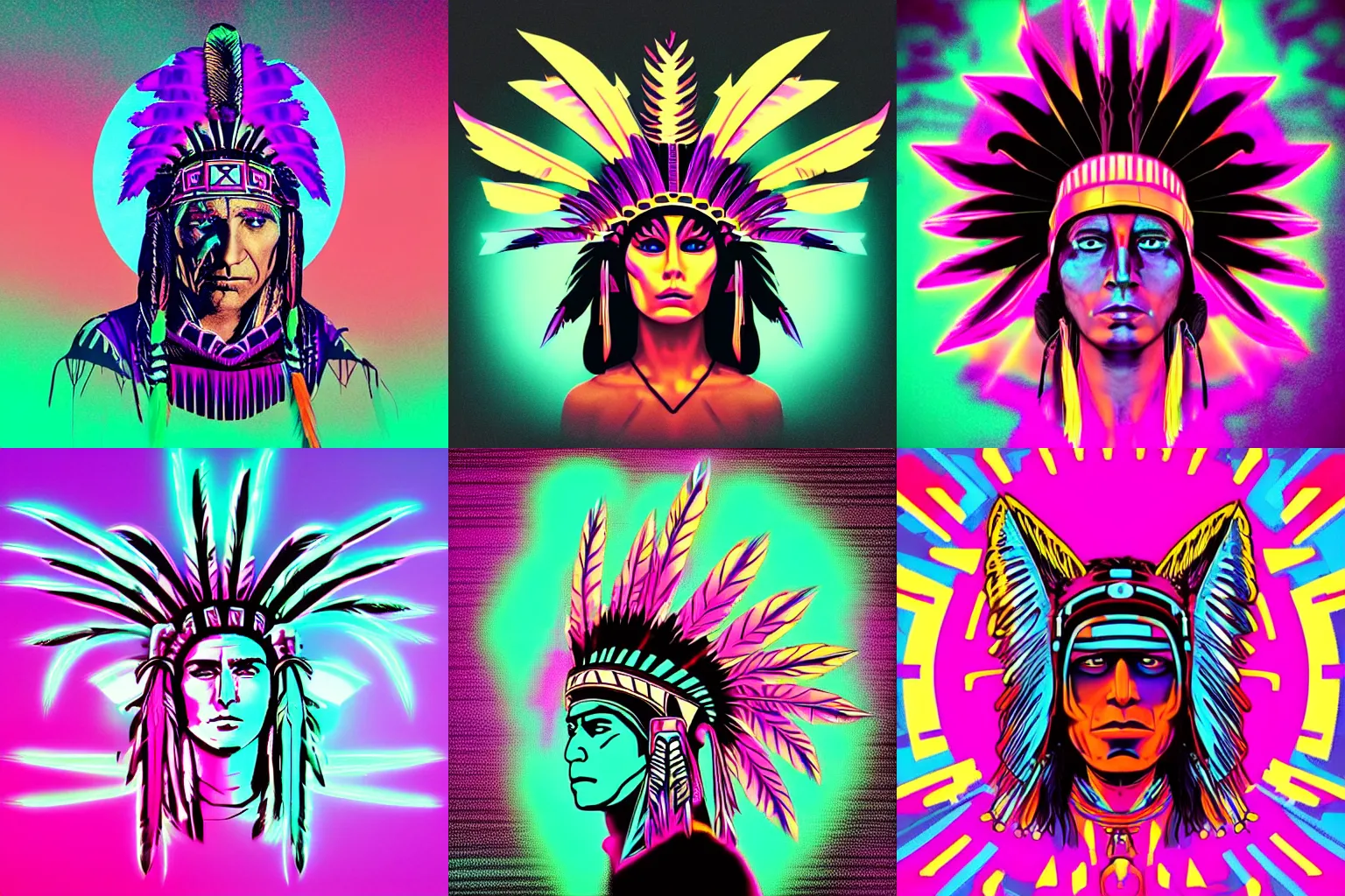 Prompt: native american headdress, synthwave style neon cover design