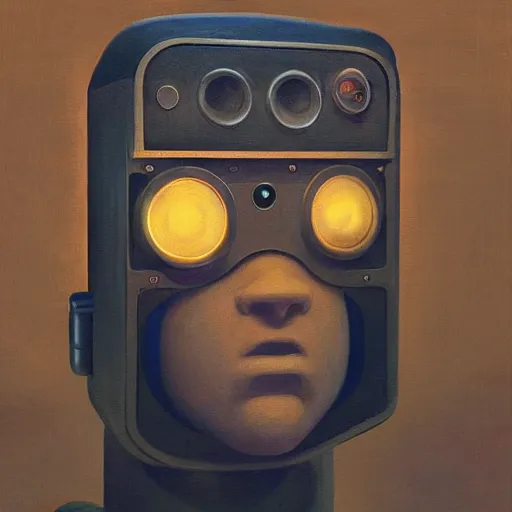 Image similar to detailed face of a synthetic sentient super - intelligent humanoid with nixie tube eyes warming up, warm space, rammed earth courtyard, cool skydome, fresh atmosphere, grant wood, pj crook, syd mead, livia prima, edward hopper, nick alm, casey baugh