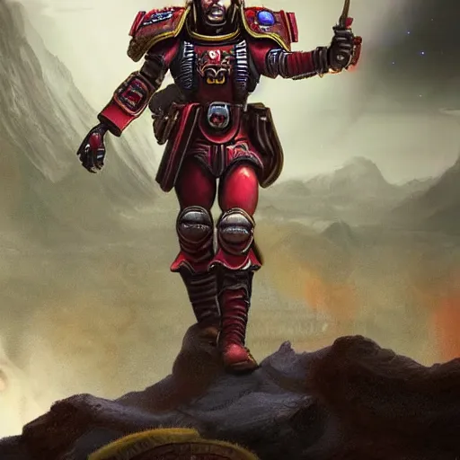 Image similar to a beautiful highly detailed matte painting of Warhammer 40k Space Marine Blood Ravens soldier standing next to a spaceship