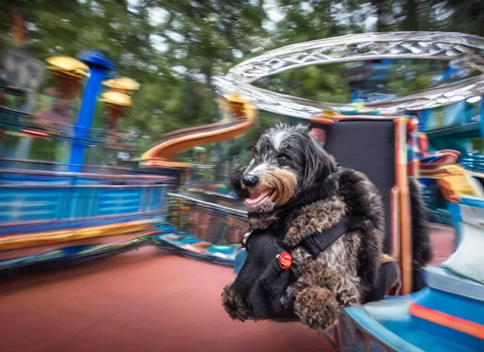 Image similar to film still of a dog riding a roller coaster in disneyland paris, 8 k