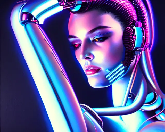 Prompt: a ultradetailed beautiful portrait painting of a stylish female cyborg, chrome plated, synthwave, dreamy soft neon lights, oil painting, by hajime sorayama, trending on artstation