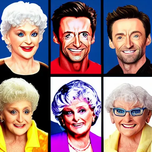 Prompt: Hugh Jackman as every character in the Golden Girls tv show. Digital art, ultra realistic.