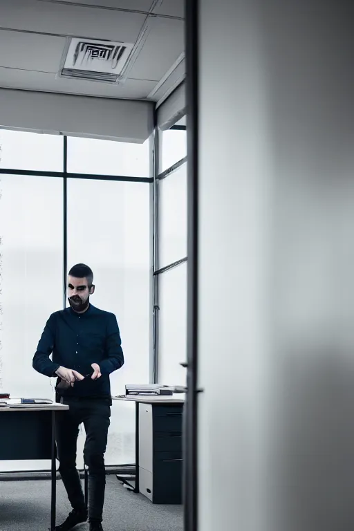 Image similar to high quality photo of mister undreal doing job work in office, masterpiece, aykut aydogdu, postivie, long shot, ground angle uhd 8 k, deep focus