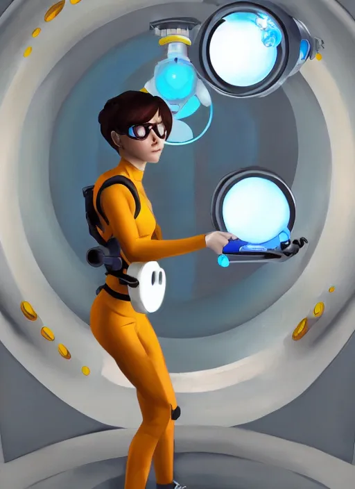 Prompt: full body oil painting of the character tracer holding a portal gun standing in a portal 2 test chamber, valve,