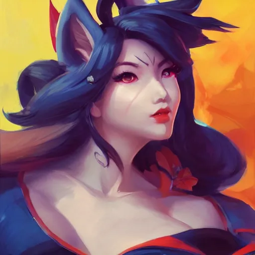 Prompt: greg manchess portrait painting of ahri as overwatch character, medium shot, asymmetrical, profile picture, organic painting, sunny day, matte painting, bold shapes, hard edges, street art, trending on artstation, by huang guangjian and gil elvgren and sachin teng