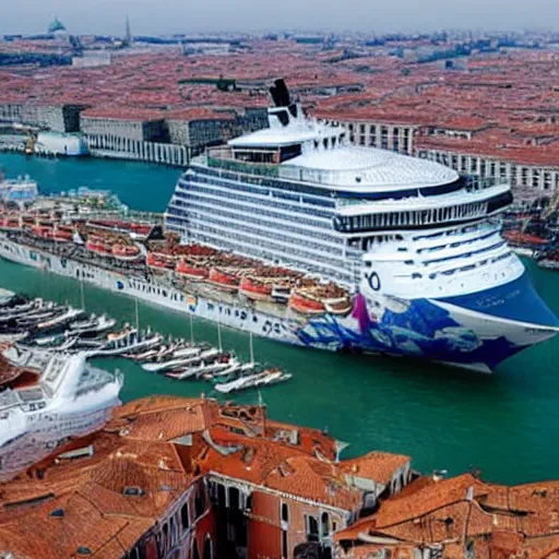 Prompt: the world's largest cruise ship sits docked in venice