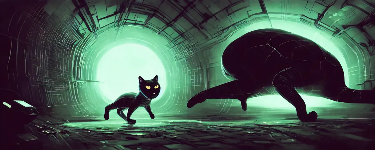 Prompt: duotone noir scifi concept illustration of black cat inside m box glowing mesh quantum portals, glowing eyes, wormholes, octane render, surreal atmosphere, volumentric lighting. accidental renaissance. by sachin teng and sergey kolesov and ruan jia and heng z. graffiti art, scifi, fantasy, hyper detailed. trending on artstation