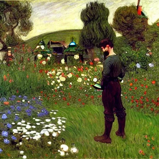 Image similar to attractive man gardening by his idyllic home, painting by tom of finland, john william waterhouse, claude monet