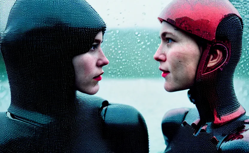 Image similar to cinestill 5 0 d candid photographic portrait by christopher nolan of two loving female androids wearing rugged black mesh techwear in treacherous waters, extreme closeup, modern cyberpunk retrofuturism moody emotional cinematic, pouring colorful rain, 8 k, hd, high resolution, 3 5 mm, f / 3 2, ultra realistic faces, ex machina