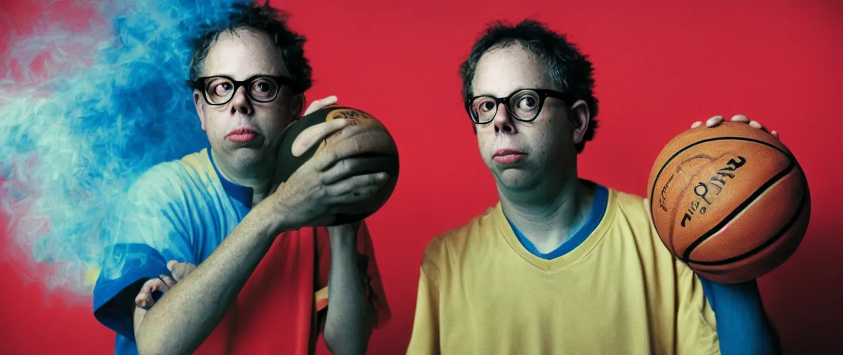 Image similar to award winning photo of todd solondz playing basketball in the hood and smoking weed, vivid colors, happy, symmetrical face, beautiful eyes, studio lighting, wide shot art by sally mann & arnold newman