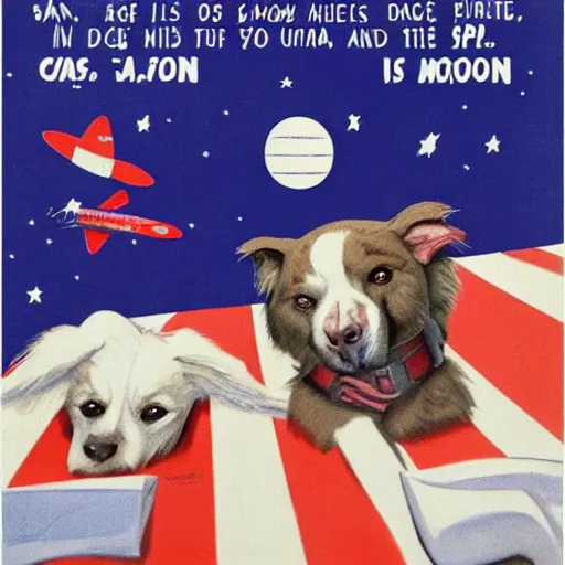 Prompt: political propoganda poster of dogs and cats in a space race to the moon