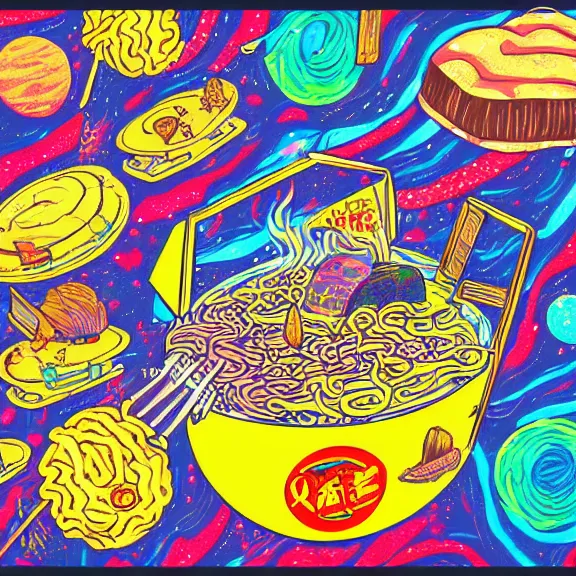 Prompt: a ramen foodcart on an asteroid at the end of the universe, aliens sitting on stools eating, cosmic and colorful, deep colors and bold strokes, digital drawing