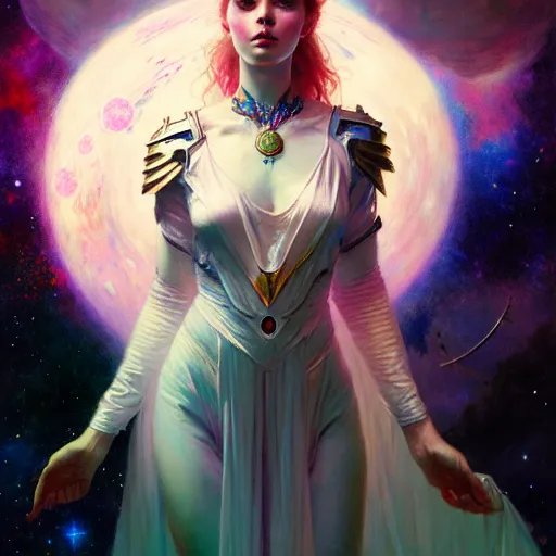 Image similar to celestial goddess, beautiful girl, galactic throne, in a galaxy, realistic, serov, surikov, vasnetsov, repin, kramskoi, charlie bowater, tom bagshaw, norman rockwell, octane rendered, unreal engine, illustration, trending on artstation, masterpiece, 8 k