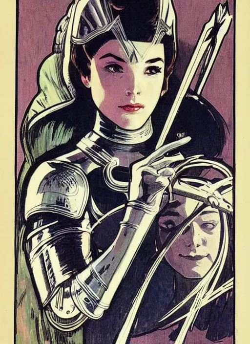 Image similar to head and shoulders portrait of a female knight. well composed, clean elegant painting, beautiful detailed face. comic book art by steve ditko and jack kirby and ( alphonse mucha )