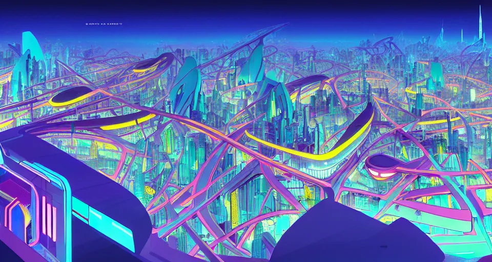 Prompt: a layout of amazing brightly colored sci - fi city designed by zaha hadid, cinematic lighting, detailed, beautiful colors, by greg rutowski and studio ghibli