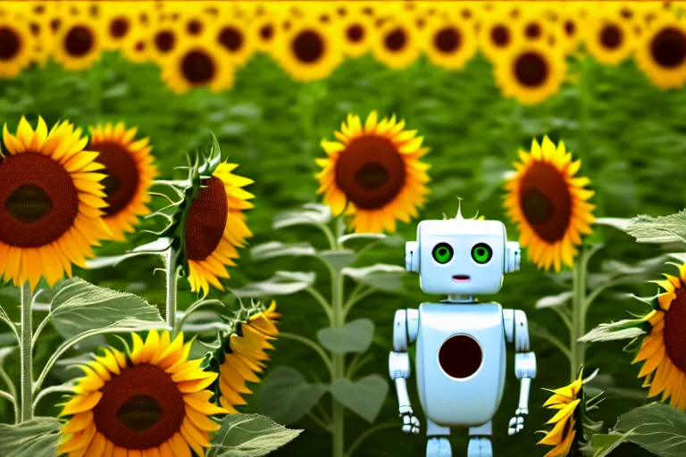 Image similar to a cute little robots at sunflower field. super realistic 8 k render of a elegant, cinematic composition