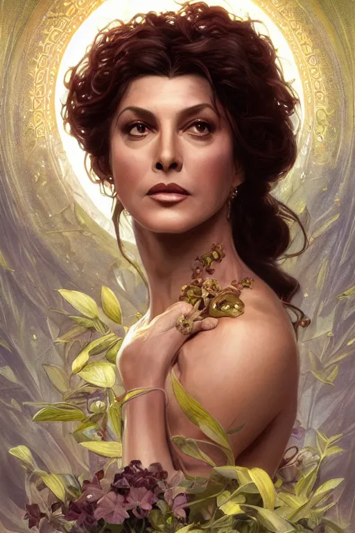 Prompt: ultra realistic illustration, deanna troi as persephone, intricate, elegant, highly detailed, digital painting, artstation, concept art, smooth, sharp focus, illustration, art by artgerm and greg rutkowski and alphonse mucha