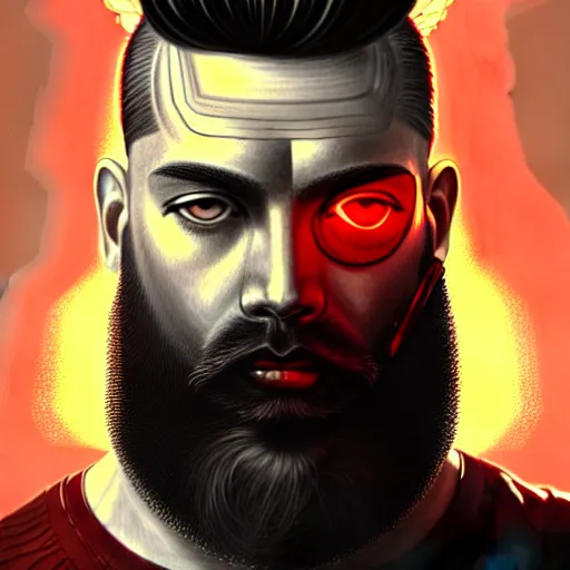 Prompt: bearded man with extremely large and intricate haircut with angry red eyes and slim features looking askance, eye cyberpunk bionics, retro futurist style, intricate, elegant gleaming intricate baroque jewelry, angelic halo, highly detailed, digital painting, artstation, concept art, smooth, sharp focus, illustration, art by wlop, mars ravelo and greg rutkowski,