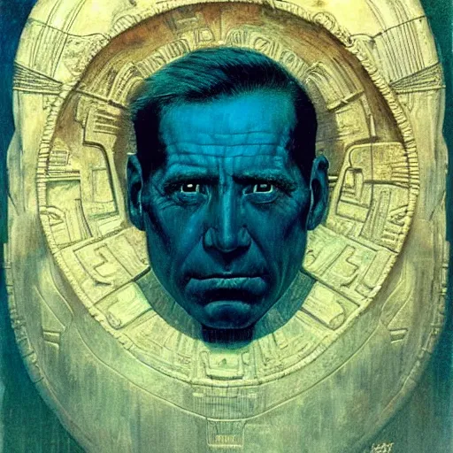 Prompt: giant mayan joe biden, perfectly clear face, by j. c. leyendecker and beksinski