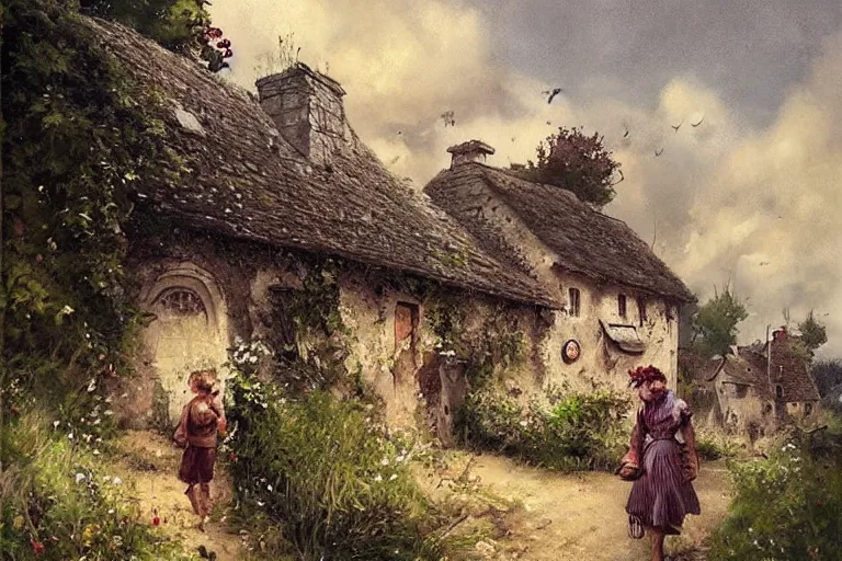 Image similar to adventurer _ _ _ _ _ _ 1 9 5 0 s _ retro _ old village in summer landscape _ muted _ colors. _ _ _ _ _ _ by _ jean _ baptiste _ monge