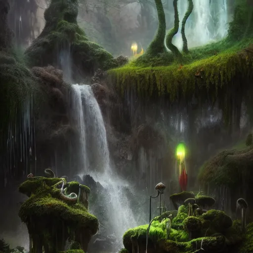 Image similar to tom bagshaw, mythical cavern, soft painting render curiosities carnival pond vegetation rocks gigantic mushrooms and tentacles covered moss luminescent wisps, stunning waterfall, accurate features, focus, very intricate ultrafine details, random volumetric lighting, fog, award winning masterpiece, octane render 8 k hd, artstation