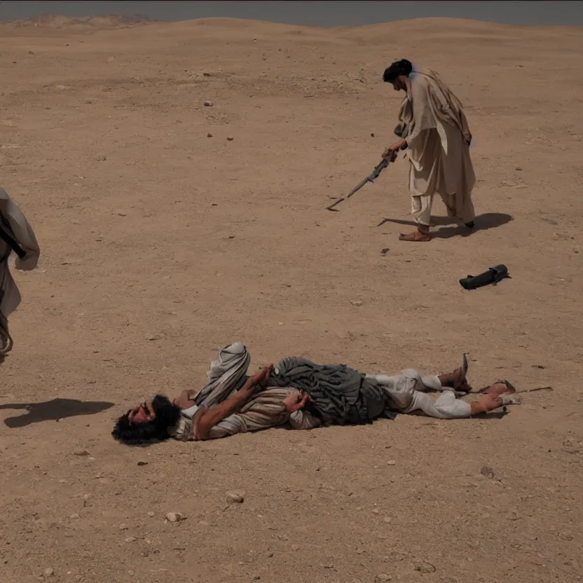 Image similar to a taliban terrorist beheads an usa citizen in the middle of a desert, ultra realistic, highly detailed, zoomed out, canon 3 5 mm photography