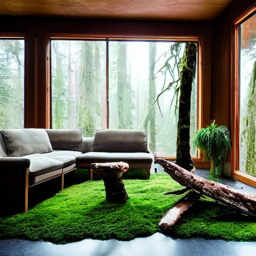 Image similar to living room interior with temperate rainforest aesthetic, live redwood furniture and objects, moss floor, volumetric atmospheric interior fog, fallen log furniture.