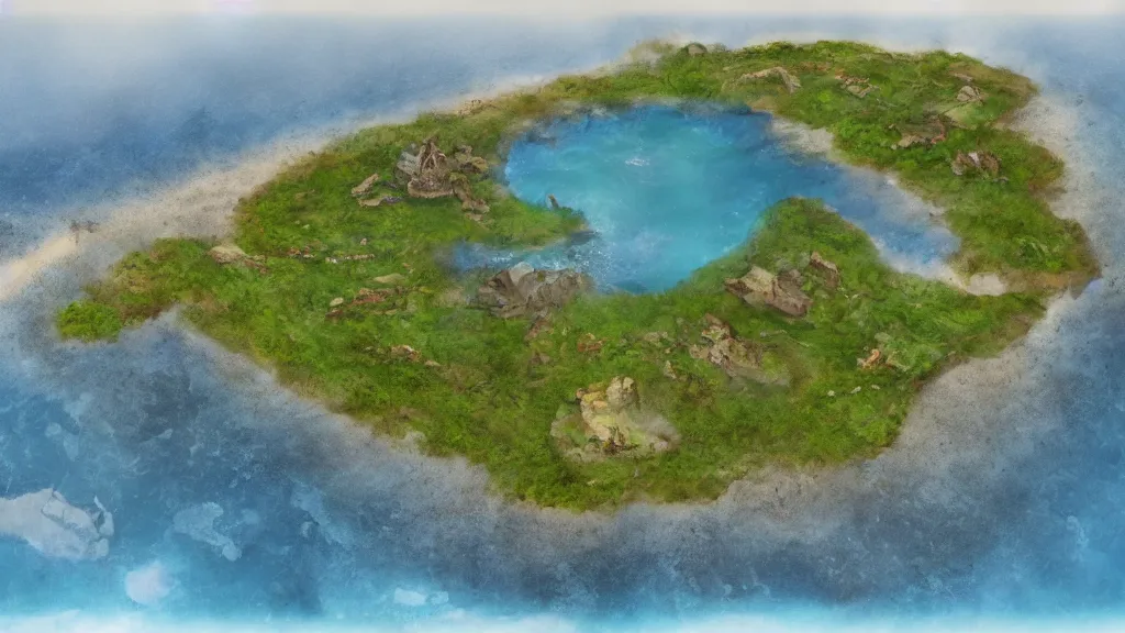 Prompt: Long forgotten island that once hosted a great civilization now gone, Tropical Island, matte painting, concept art, top down view