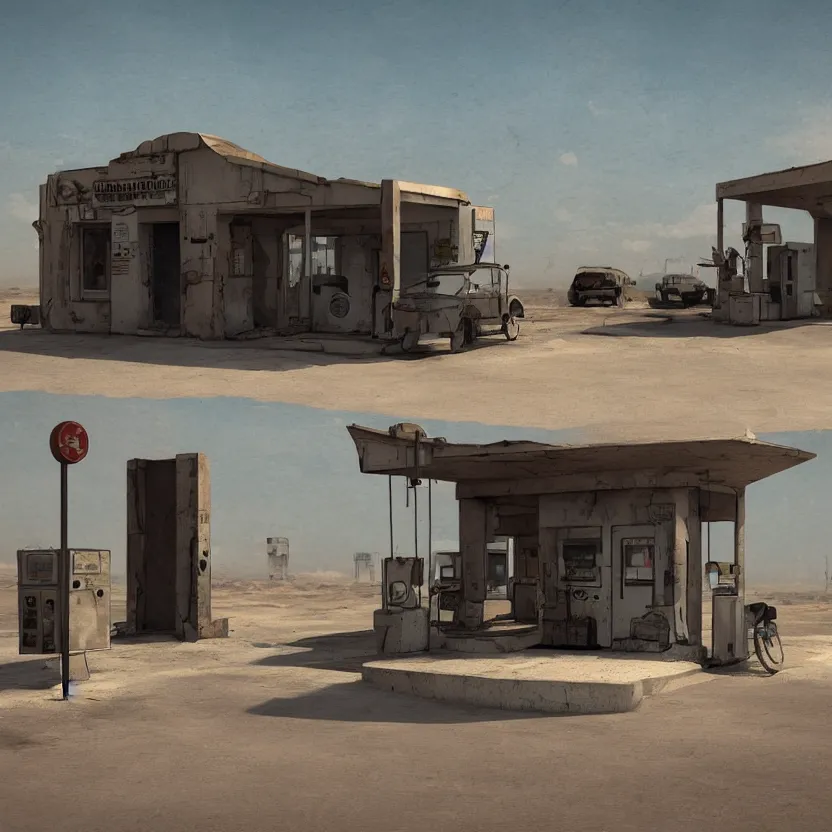 Prompt: an old, tiny abandoned gas station in the middle of the desert, cobweb, old, artstation, digital art.