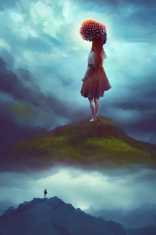 Image similar to closeup perspective, giant dahlia flower over the head, girl standing on mountain, surreal photography, blue storm clouds, dramatic light, impressionist painting, digital painting, artstation, simon stalenhag