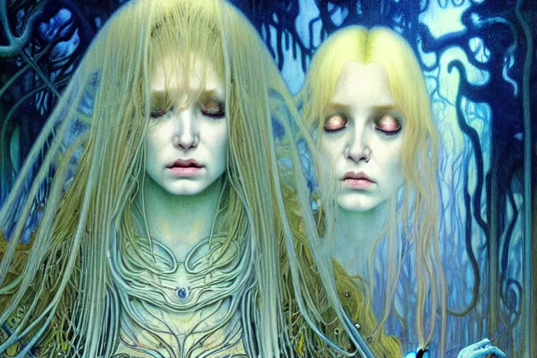 Prompt: realistic detailed portrait painting of a beautiful ghost woman with blond hair crying with an alien, futuristic sci-fi forest on background by Jean Delville, Amano, Yves Tanguy, Alphonse Mucha, Ernst Haeckel, Edward Robert Hughes, Roger Dean, rich moody colours, blue eyes looking at camera