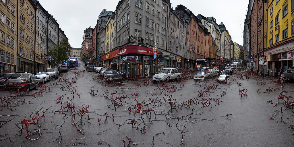 Prompt: Hordes of Zombies in Stockholm, Sweden, Intersection, Storefront, alleyway, chairs, table, city street lights, clumps of cables, abandoned cars, smoke, umbrella, convenience store, dusk sky, dingy city street, exiting store, getting groceries, hilly road, Swedish writing, looking down street, moped, raining, smoking outside, tan suit, wet road, wet street, white shoes, wires hanging above street, wires in background, very high quality photography, dusk, cinematic.